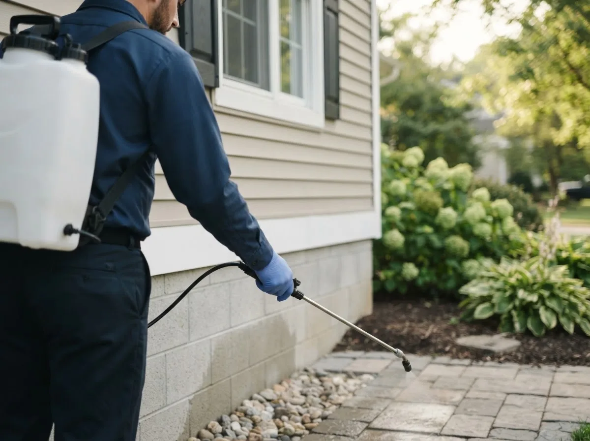 Pest control technician inspecting a home in Glenvil, NE